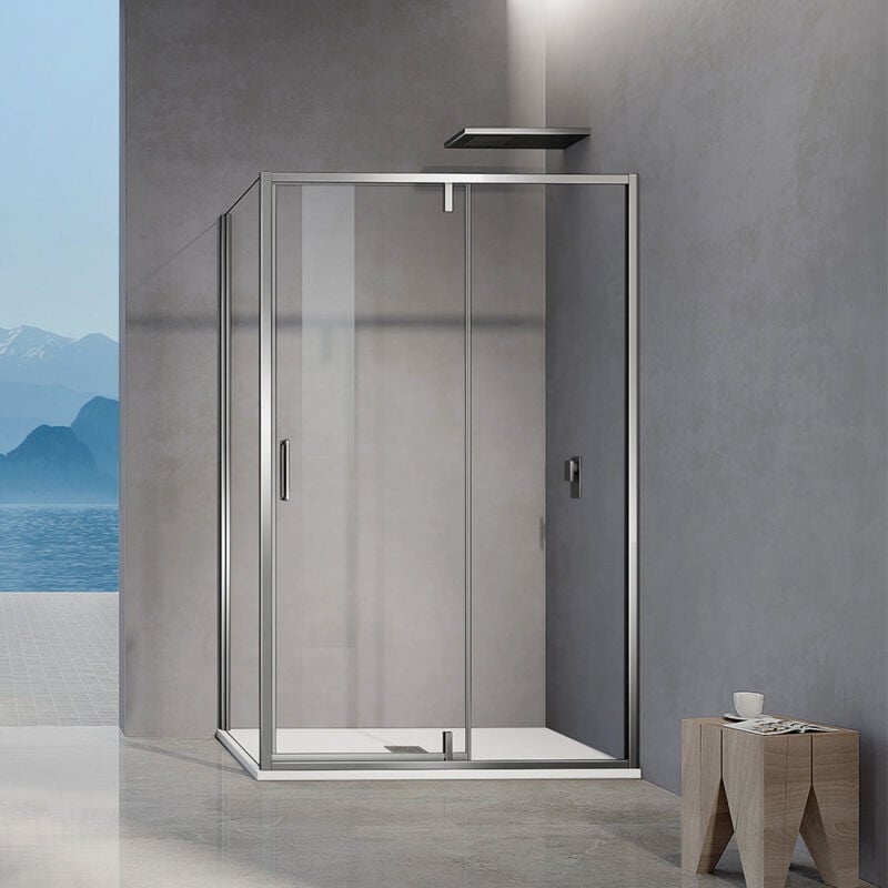 Grand Verre - Cabine de douche pivotante avec élément fixe et paroi latérale hauteur 195cm accessoires chromés 100x90