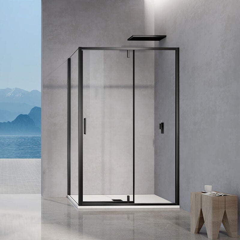 Grand Verre - Cabine de douche pivotante avec élément fixe et paroi latérale hauteur 195cm accessoires en noir mat 120x90