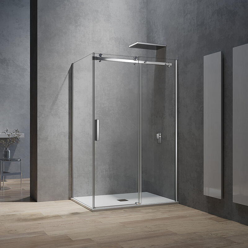 Grand Verre - Cabine de douche style industriel avec porte coulissante 120x195 et paroi latérale 80x195 accessoires chromés