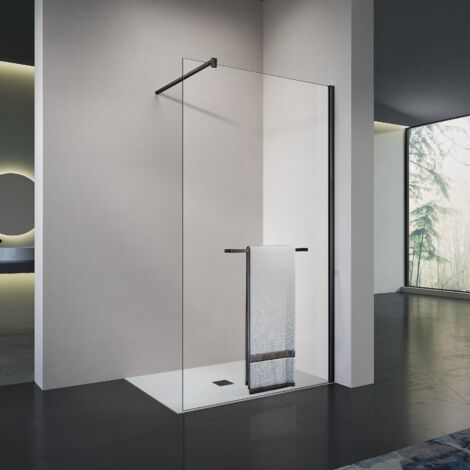GRAND VERRE Élégance Noire Cloison de douche à l'italienne, verre transparent avec porte-serviette et accessoires en aluminium noir mat 80x200