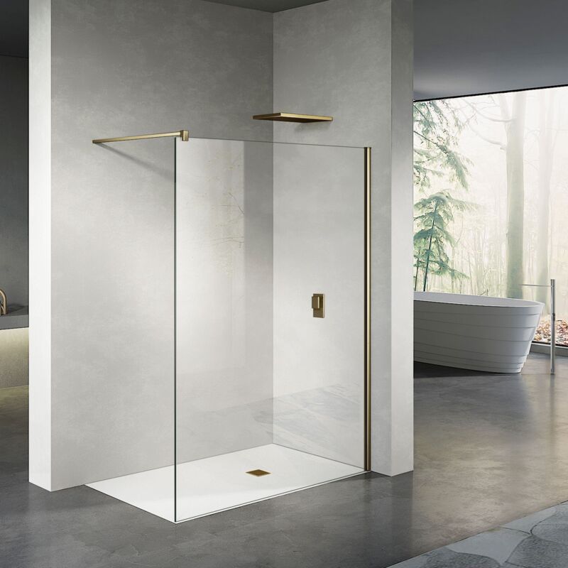 Paroi de douche 110x200 avec accessoires colorés en Doré et panneau de verre 8mm transparent - Grand Verre