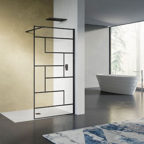 Grand Verre – Paroi de douche 70x200 cm – Verre trempé 8 mm – Sérigraphie linéaire noir mat – Barre de fixation extensible 73-120 cm