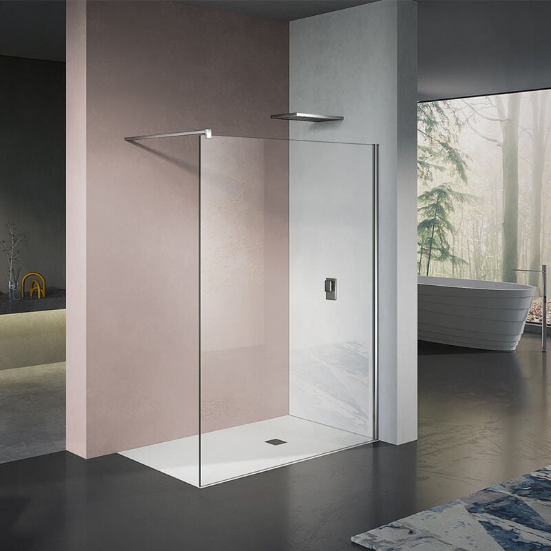 Paroi de douche avec profilé et barre de maintien chromés Paroi de douche en verre transparent anti-calcaire 140x200 - Grand Verre
