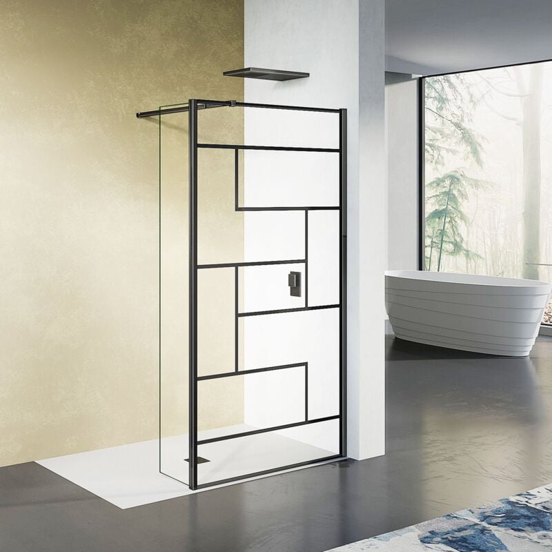 Paroi de douche avec volet pivotant 120+30 design moderne en noir mat avec barre de fixation extensible 73-120cm - Grand Verre