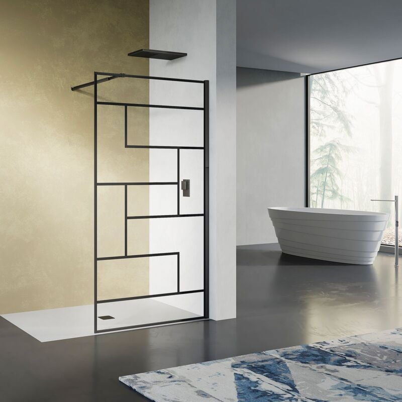 Paroi de douche design contemporain verre 8mm sérigraphie linéaire noir mat 70x200 - Grand Verre