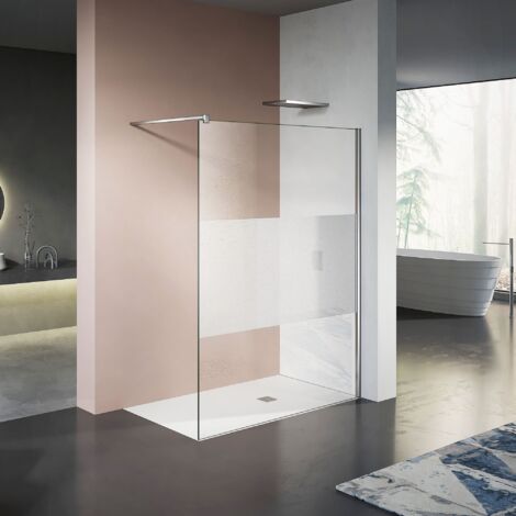 GRAND VERRE Paroi de douche en verre à bande Givrée au centre Livrée avec barre 140cm chromée 100x200