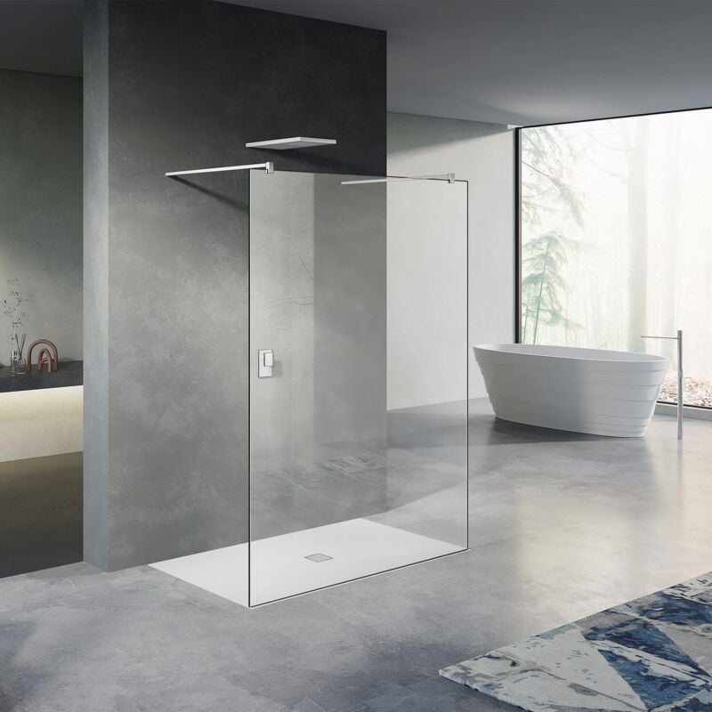 Paroi de douche fixe 140x200 avec deux barres de fixation 140cm en aluminium blanc mat - Grand Verre