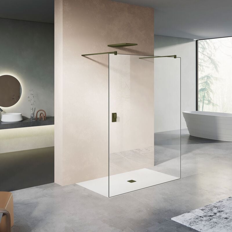 Paroi de douche fixe avec deux barres de fixation 140cm en aluminium bronze 110x200 - Grand Verre