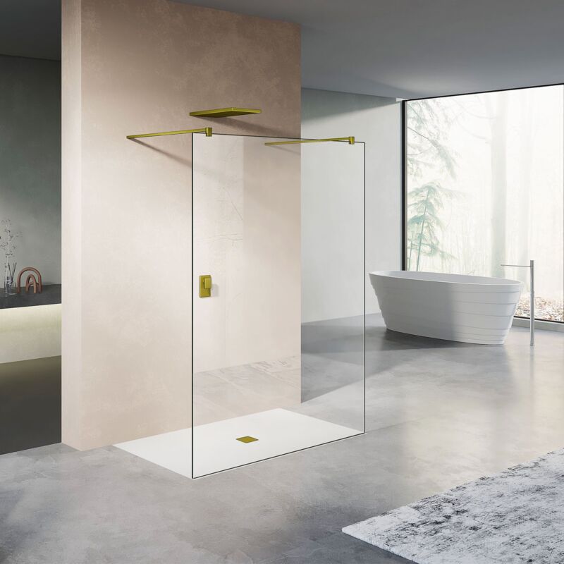 Paroi de douche fixe avec deux barres de fixation 140cm en aluminium doré 90x200 - Grand Verre