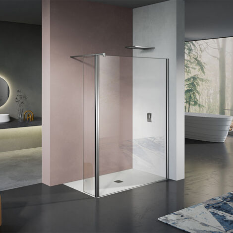 GRAND VERRE Paroi de douche italienne avec retour pivotant 30cm et barre de fixation 90cm en alu chromé 80x200