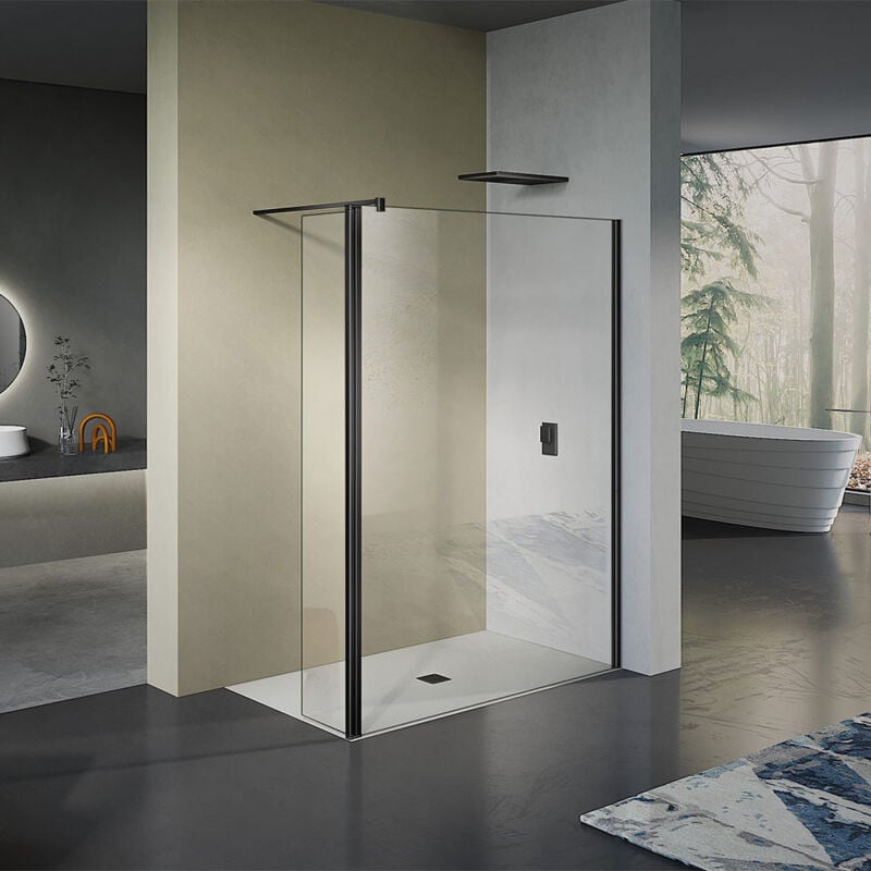 GRAND VERRE Paroi de douche italienne avec retour pivotant 40cm et barre de fixation 90cm en alu noir mat 140x200