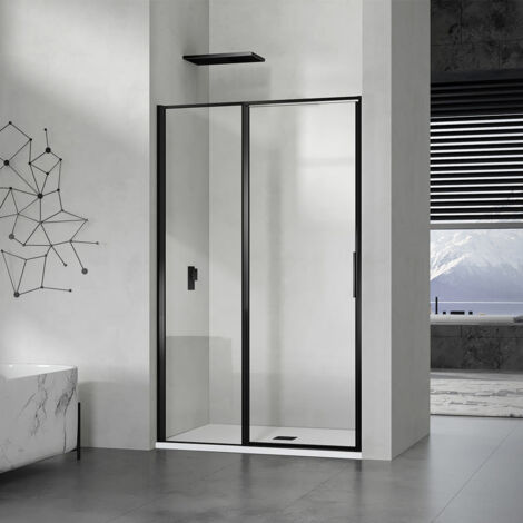 Grand Verre – Porte de douche pivotante 90x190 cm – Aluminium noir mat – Verre 6 mm traité anticalcaire – Ouverture intérieure et extérieure