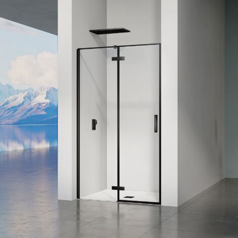 GRAND VERRE Porte de douche pivotante à charnières profilés noirs mat accès de Porte à droite 110x195cm