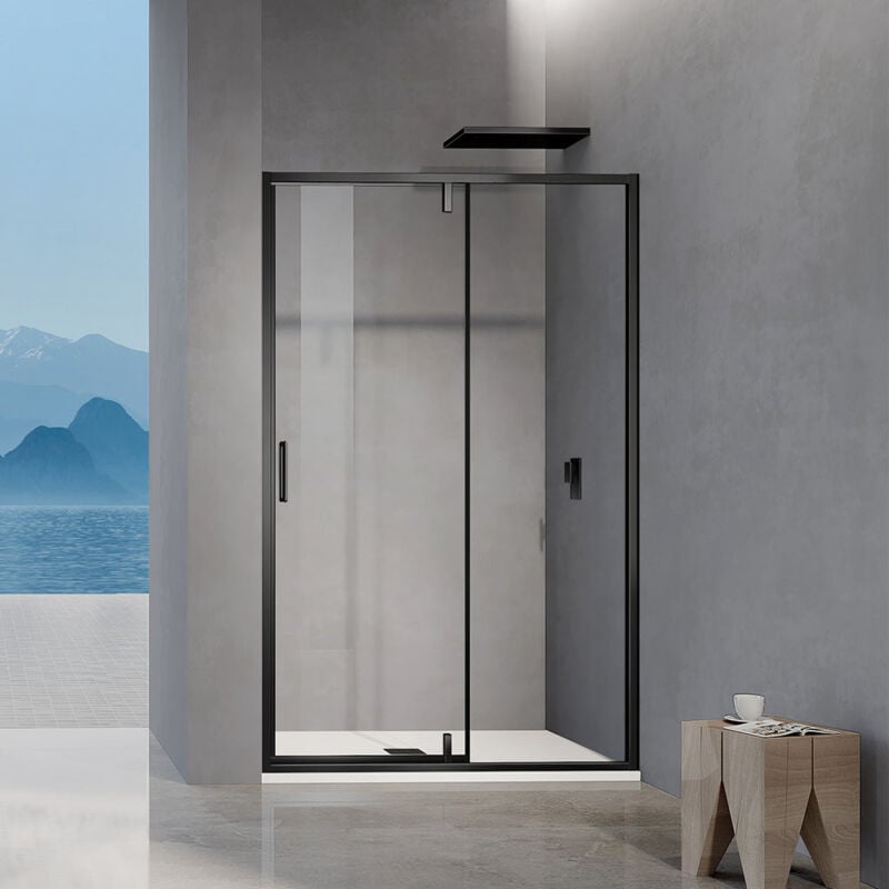 GRAND VERRE Porte de douche pivotante avec élément fixe et cadre en aluminium noir mat 100x195