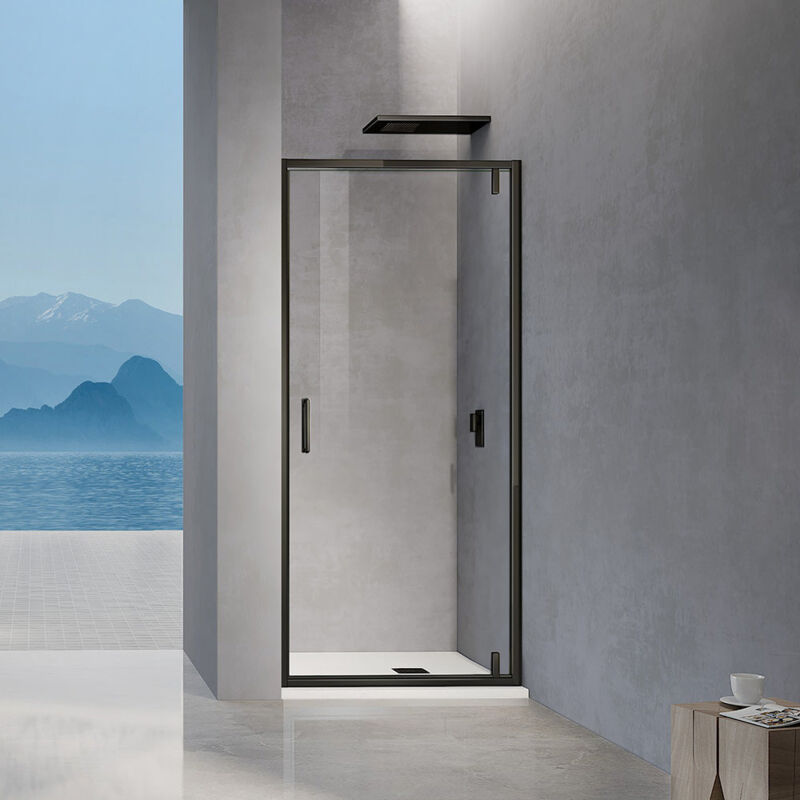 GRAND VERRE Porte de douche pivotante avec profilés en noir mat ouverture 180° pour installation en niche 80x195
