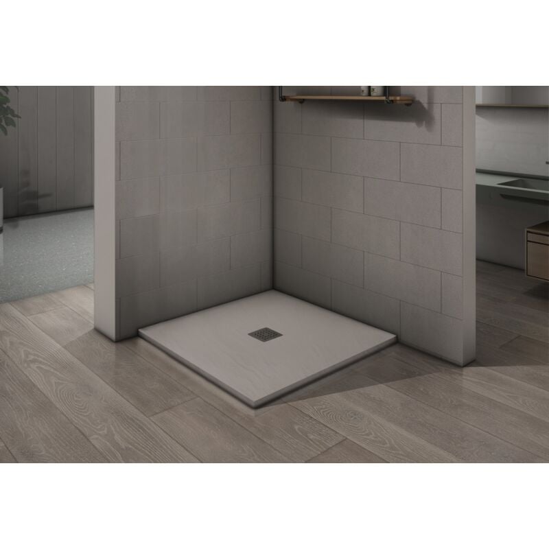Receveur de douche blanc surface ardoisée antidérapante avec bonde et grille en inox 80x80 - Grand Verre