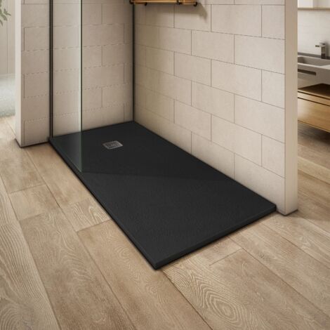 Grand Verre – Receveur de douche noir 90x90 cm – Surface ardoisée antidérapante – Bonde et grille inox incluses – Installation encastrée ou surélevée