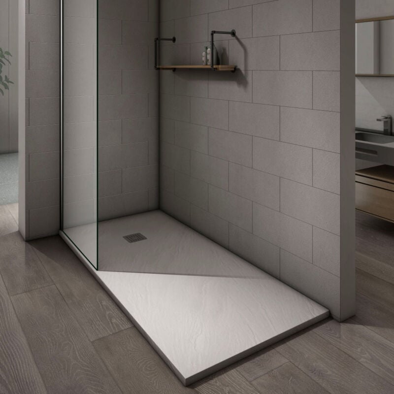 Receveur de douche noir surface ardoisée antidérapante avec bonde et grille en inox 70x100 - Grand Verre