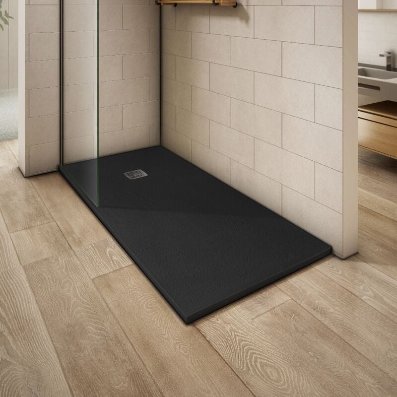Receveur de douche noir surface ardoisée antidérapante avec bonde et grille en inox 90x90 - Grand Verre