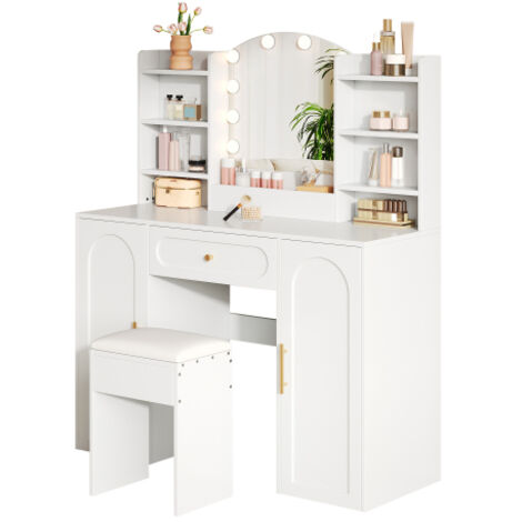 Grande 110 x 40 x 132 cm coiffeuse avec éclairage LED réglable, miroir et tabouret. Avec 1 tiroir et 2 portes, Blanc
