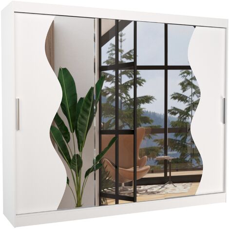 Grande armoire de chambre à coucher 3 portes coulissantes blanches et miroir biseauté Kola 250cm