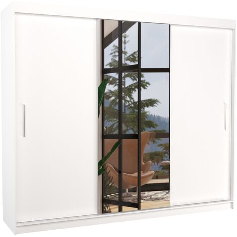 Grande armoire de chambre à coucher 3 portes coulissantes blanches et miroir Dany 250cm