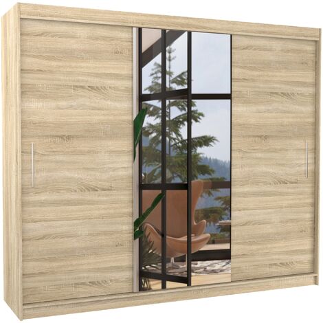 Grande armoire de chambre à coucher 3 portes coulissantes bois clair et miroir Dany 250cm