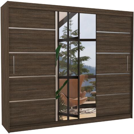 Grande armoire de chambre à coucher 3 portes coulissantes marron et alu avec miroir Cindy 250cm