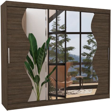 Grande armoire de chambre à coucher 3 portes coulissantes marron et miroir biseauté Kola 250cm