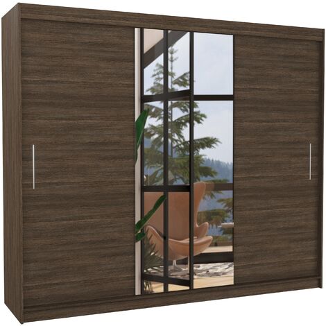 Grande armoire de chambre à coucher 3 portes coulissantes marron et miroir Dany 250cm