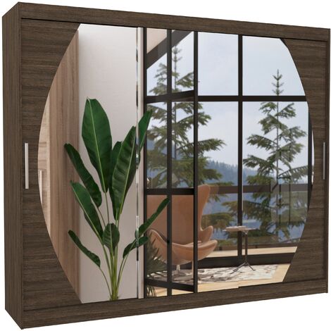 Grande armoire de chambre à coucher 3 portes coulissantes marron et miroir Kerry 250cm