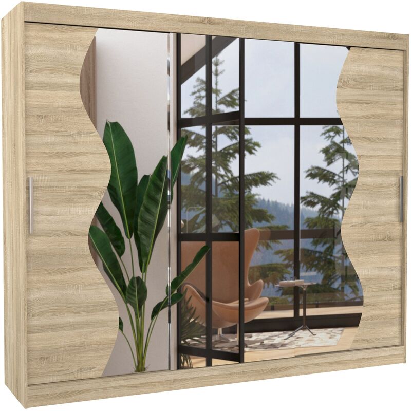 Les Tendances - Grande armoire de chambre à coucher 3 portes coulissantes naturel et miroir biseauté Kola 250cm Les Tendances - Grande armoire de chambre à coucher 3 portes coulissantes naturel et miroir biseauté Kola 250cm