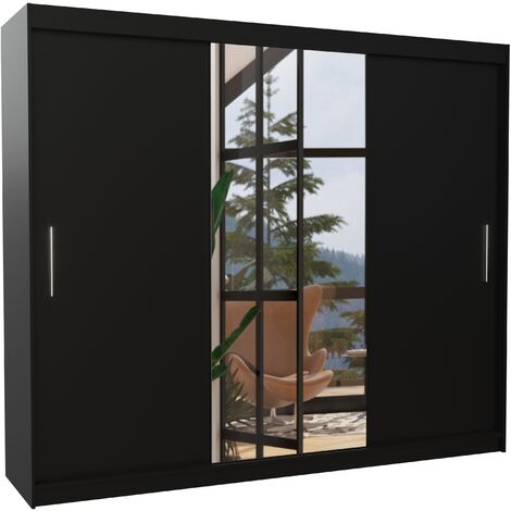 Grande armoire de chambre à coucher 3 portes coulissantes noir et miroir Dany 250cm