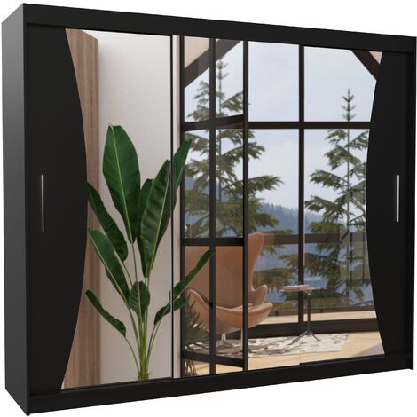 Grande armoire de chambre à coucher 3 portes coulissantes noir et miroir Douko 250cm