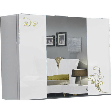 Grande armoire de chambre design 3 portes coulissantes bois laqué blanc et doré Jade 270cm