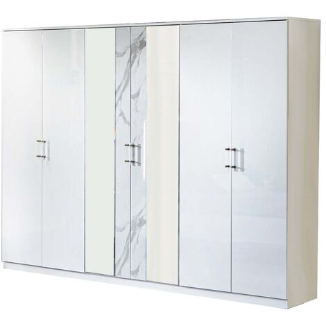 Grande armoire de chambre design 6 portes battantes bois blanc laqué et effet marbre Krystal 270cm