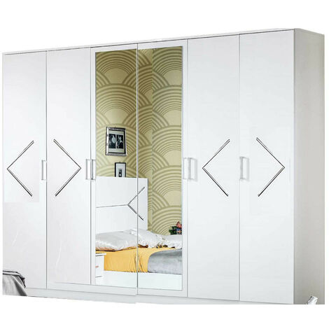Grande armoire de chambre design 6 portes battantes bois blanc laqué et métal argenté Diamanto 270cm