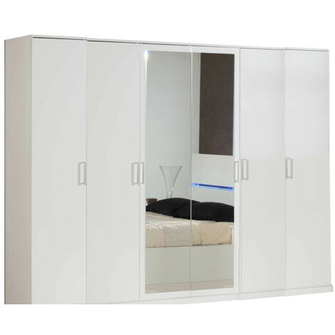 Grande armoire de chambre moderne 6 portes battantes bois blanc laqué et miroir Mona 272cm