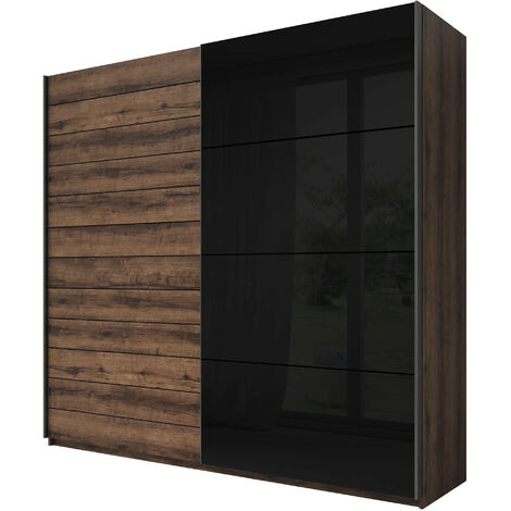 Grande Armoire de style loft, Portes Coulissantes avec miroir en verre - ANDROMEDA 200 (Chêne Monastery + Noir verre miroir)