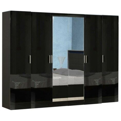 Grande armoire moderne 6 portes bois noir laqué et miroir Mona 272cm