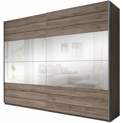 Grande Armoire Style Loft, Portes Coulissantes avec miroir en verre, Intérieur Moderne - ANDROMEDA 220 (San remo + Verre miroir)