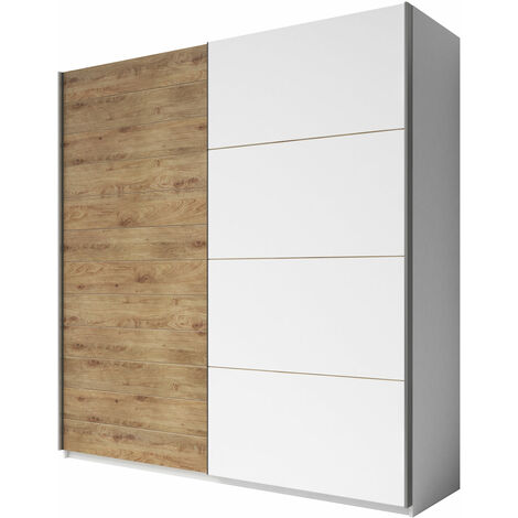 Grande Armoire Style Loft, Portes Coulissantes, Intérieur Moderne - ANDROMEDA 270 (Blanc + Chêne Beaufort)