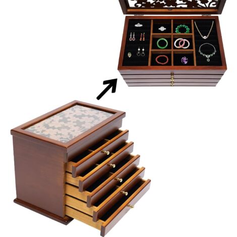Grande boîte à bijoux en bois, 6 couches, boîte à bijoux vintage avec doublure en velours, boîte à bijoux sculptée, pour bracelets, colliers, bagues, cadeau (couleur noyer)