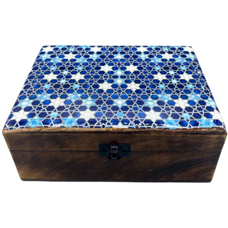 Grande Boîte en Bois Verni en Céramique - 20x15x7,5cm - Étoiles Bleues- Vendu par 1
