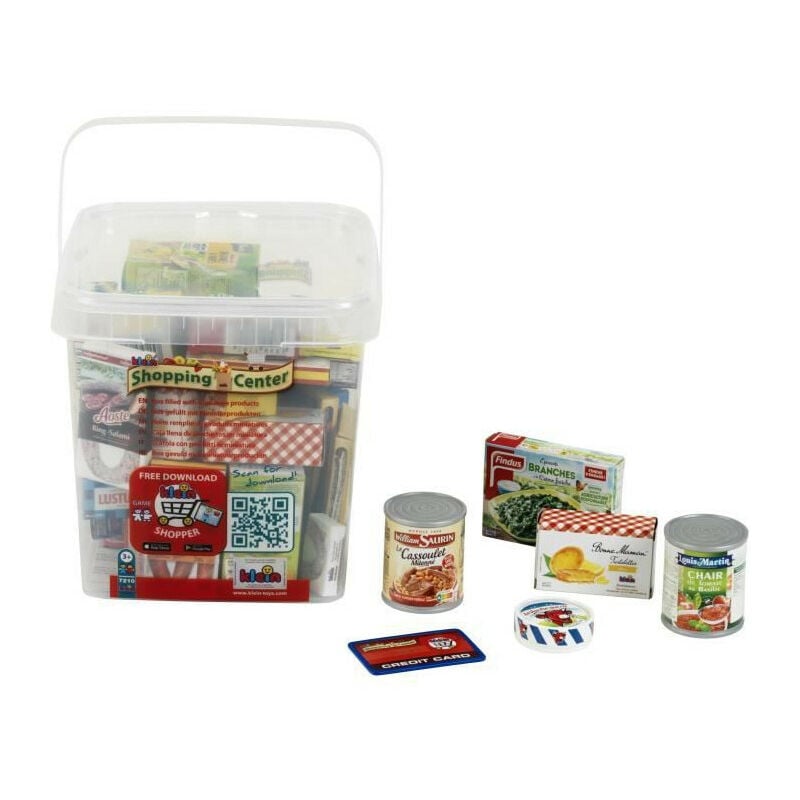 Grande boîte de rangement garnie de boîtes d'aliments factices avec des marques connues et en langue française Klein 7210