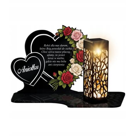 Grande bougie solaire XL 19 cm Deux cœurs et roses pour la tombe, la Toussaint