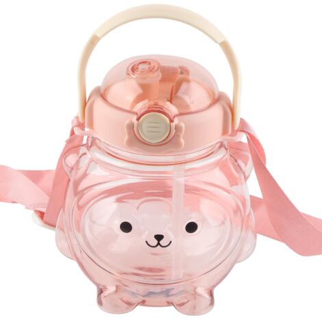 Grande bouteille d'eau de 1000 ml en forme d'ours de dessin animé, idéale pour l'été, avec paille et cordelette pour la suspendre.