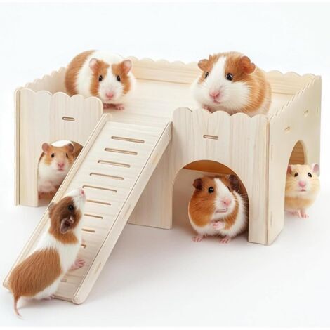 Grande Cabane Cochon d'Inde avec Rampe, avec 4 Entrées, Accessoires de Jouets pour Cochons d'Inde, pour Lapin Cochon d'Inde Chinchilla 38 x 25 x 18cm