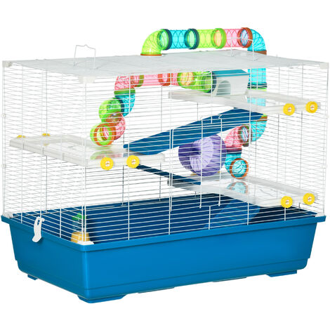 Grande cage à hamsters 4 niveaux - tunnels, abreuvoir, mangeoire, roue, maisonnette, échelles - dim. 79L x 46l x 60H cm - métal PP bleu blanc - Bleu