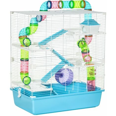 Grande cage à hamsters 5 niveaux - tunnels, abreuvoir, roue, maisonnette, échelles - dim. 59L x 36l x 69H cm - métal PP bleu blanc - Bleu